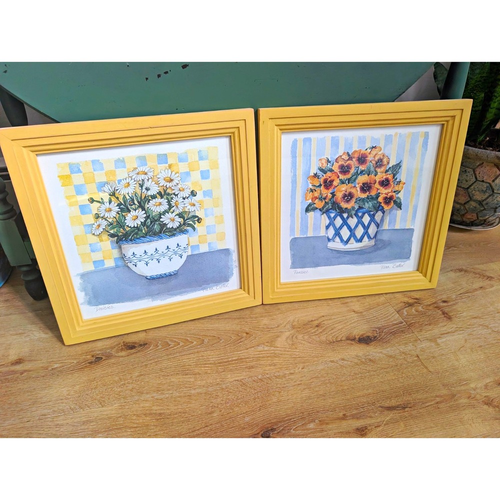 Fiona Butler Daisies Pansies Framed Floral Prints Set of 2 Cottagecore 15x14